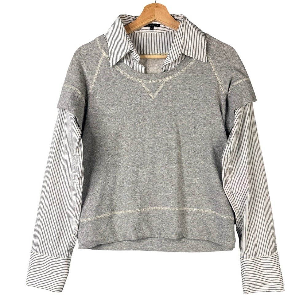 Theory Grey Mixed Media Layered Sweatshirt Striped Shirt Combo 40204581 Size M